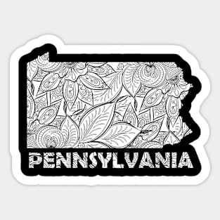 Mandala art map of Pennsylvania with text in white Sticker